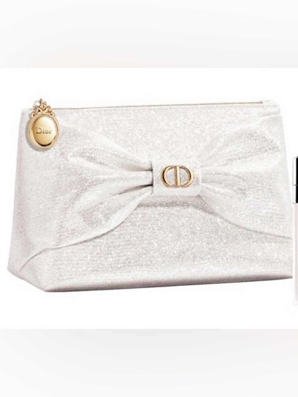 Dior Silver-White Glitter Bow Cosmetic Holiday Pouch NWT